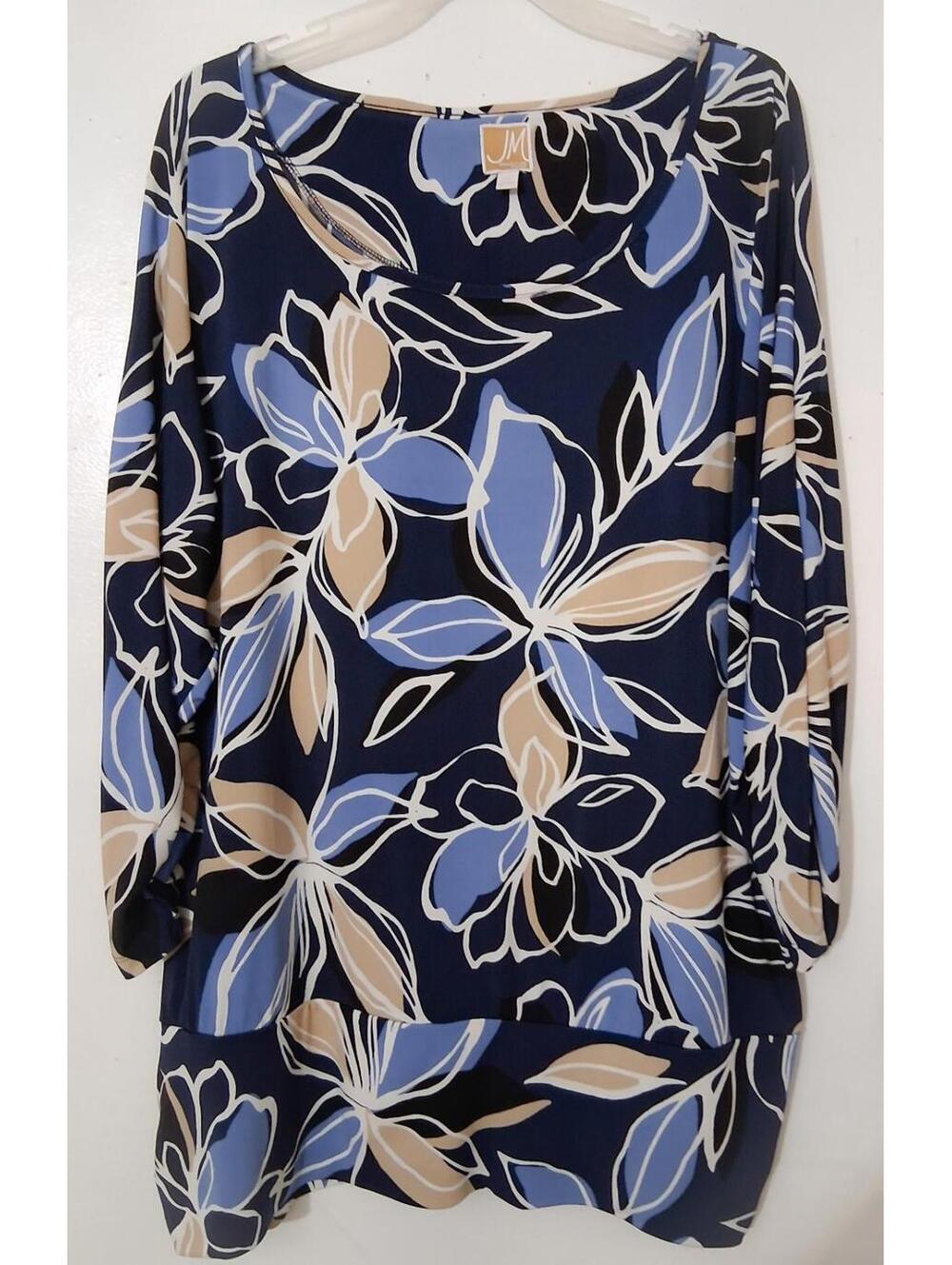 JM Collection 2X Navy Blue Floral Ruched Sleeve Blouse Soft Stretch Top